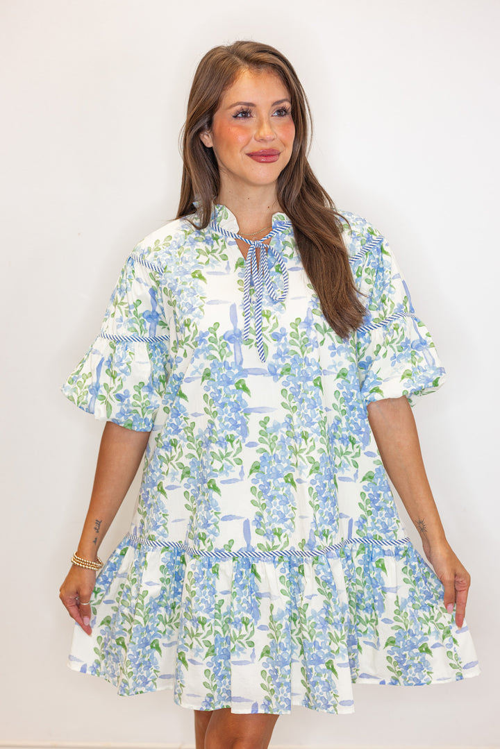 blue green floral printed babydoll dress
