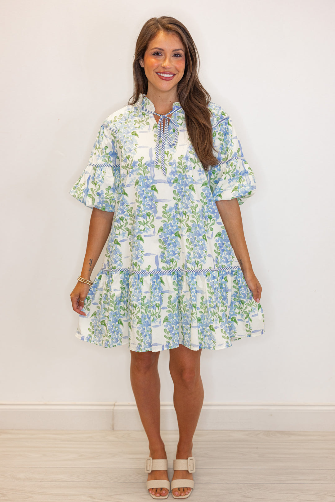 blue green floral printed babydoll dress