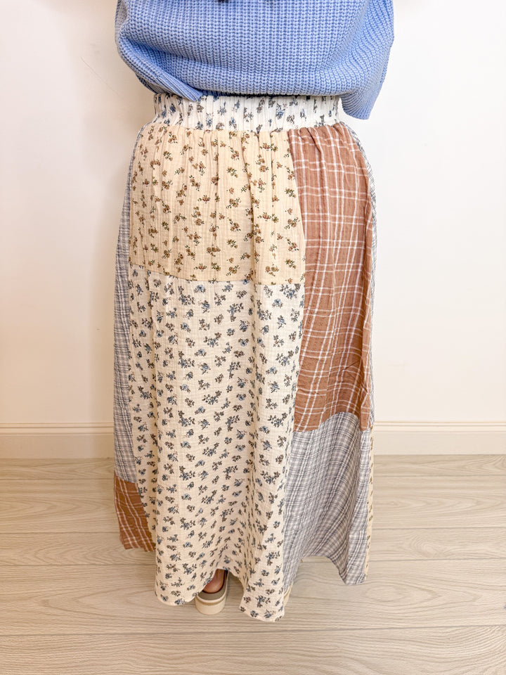 floral patchwork boho midi skirt