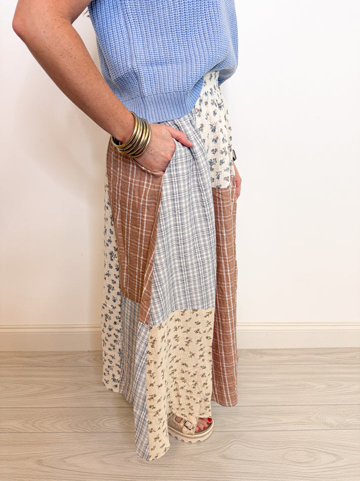 floral patchwork boho midi skirt