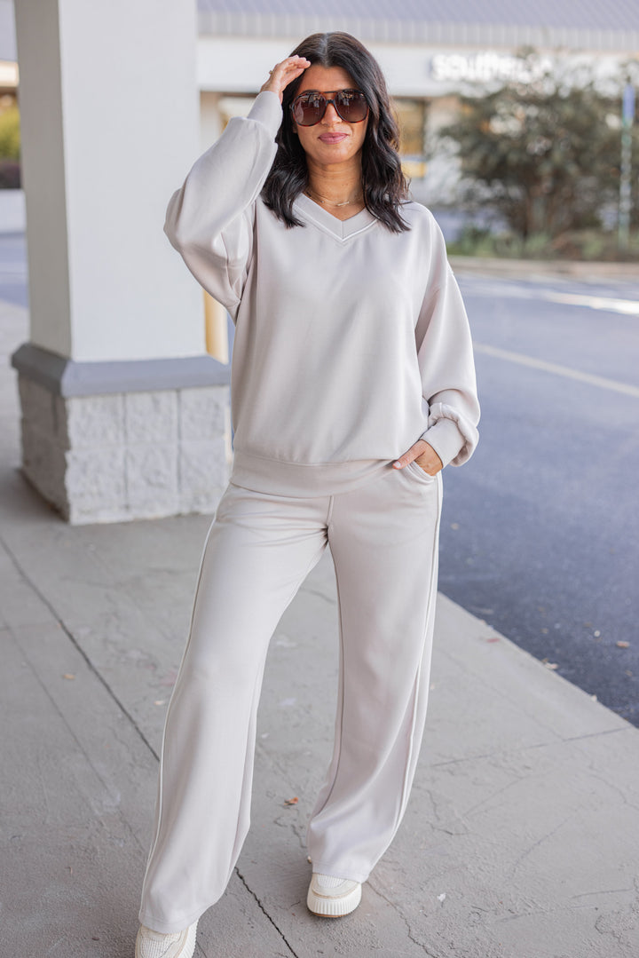 Women's mocha and cream scuba knit top by Rae Mode, perfect for running errands