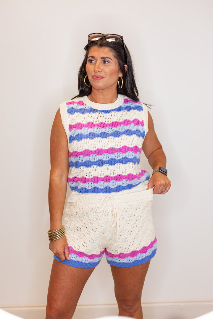 ivory blue pink striped crochet knit shorts