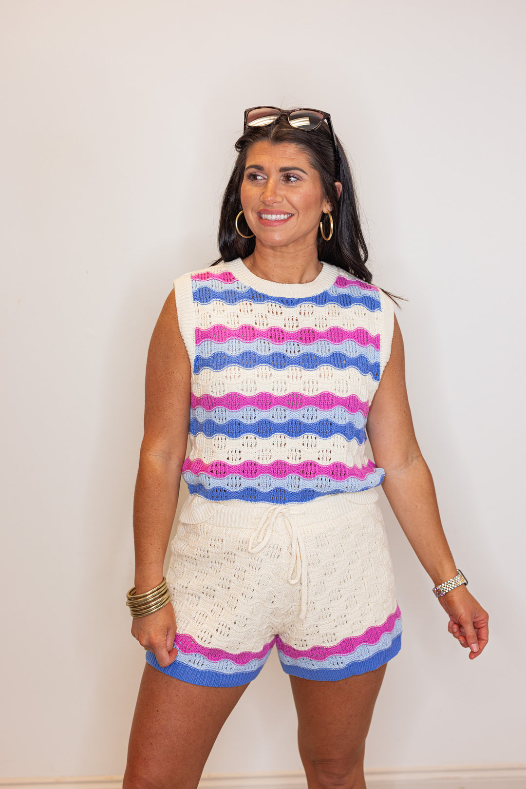 ivory blue pink striped crochet knit shorts