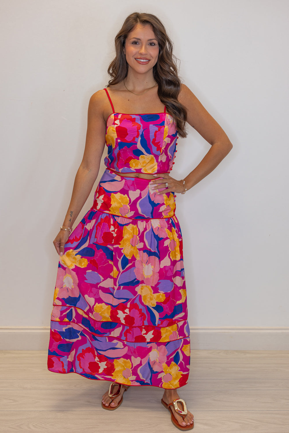 pink blue floral printed midi skirt matching set