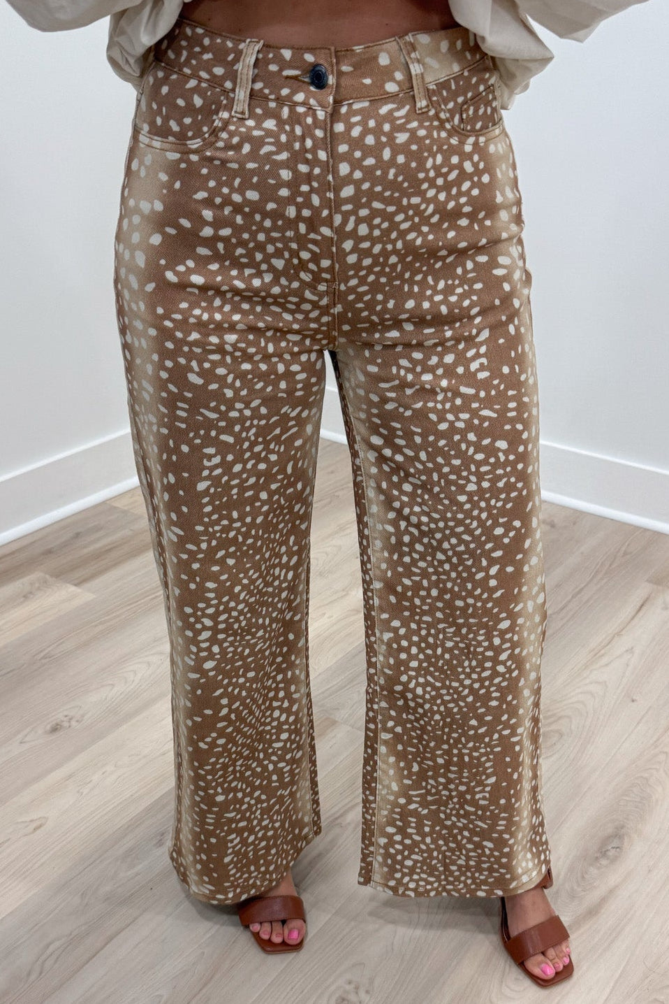 tan and cream deer print button zipper fly wide leg lightweight twill denim pants