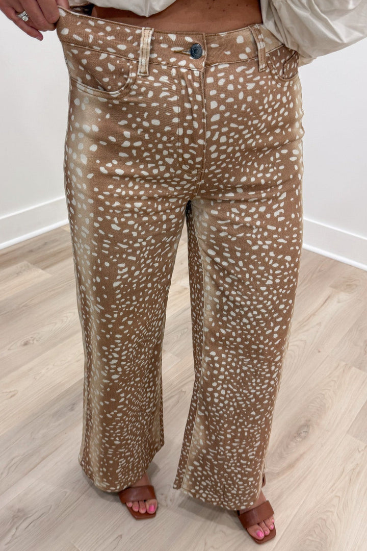 tan and cream deer print wide leg five pocket design lightweight twill denim pants with belt loops