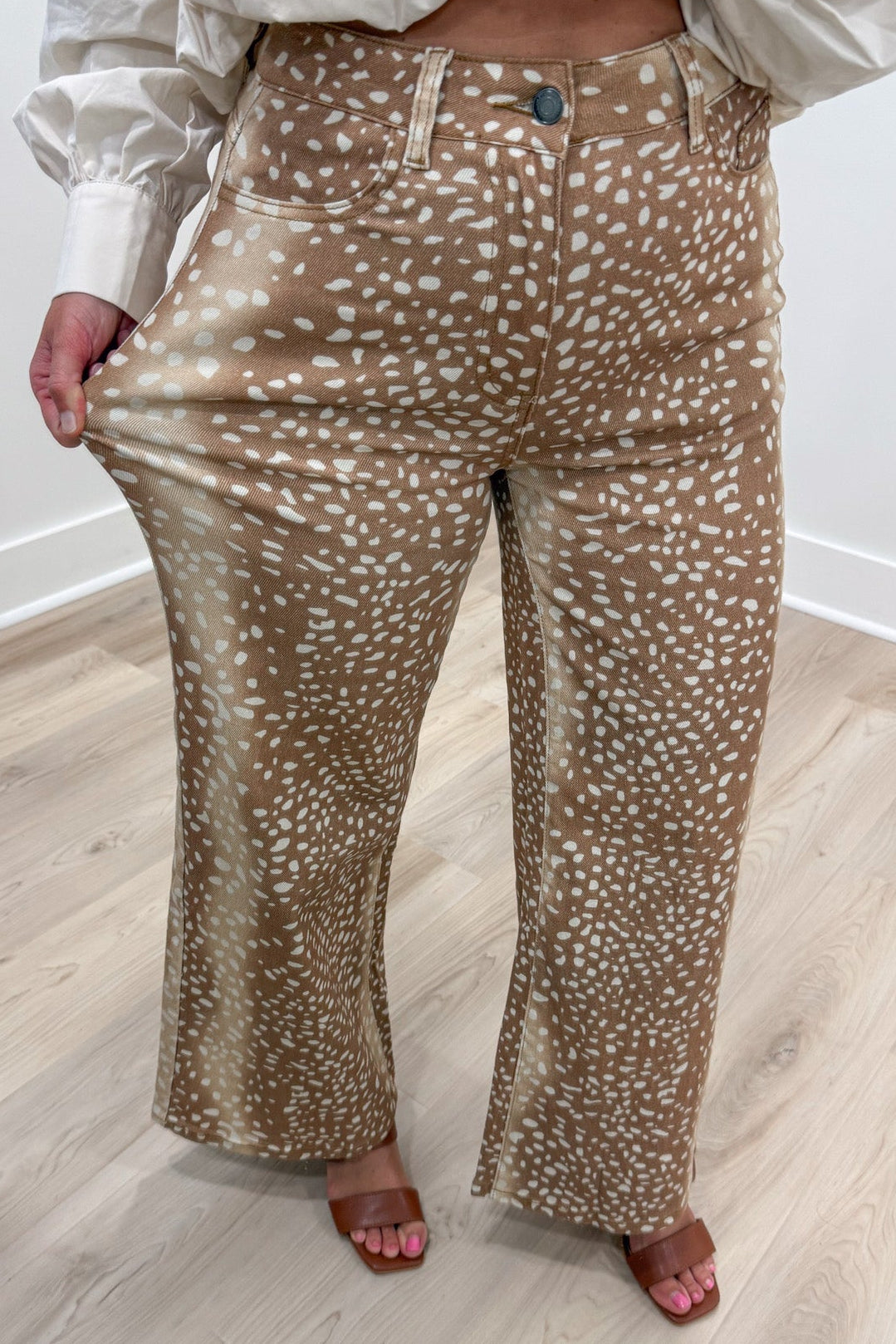 tan and cream deer print wide leg lightweight twill denim pants with front pockets