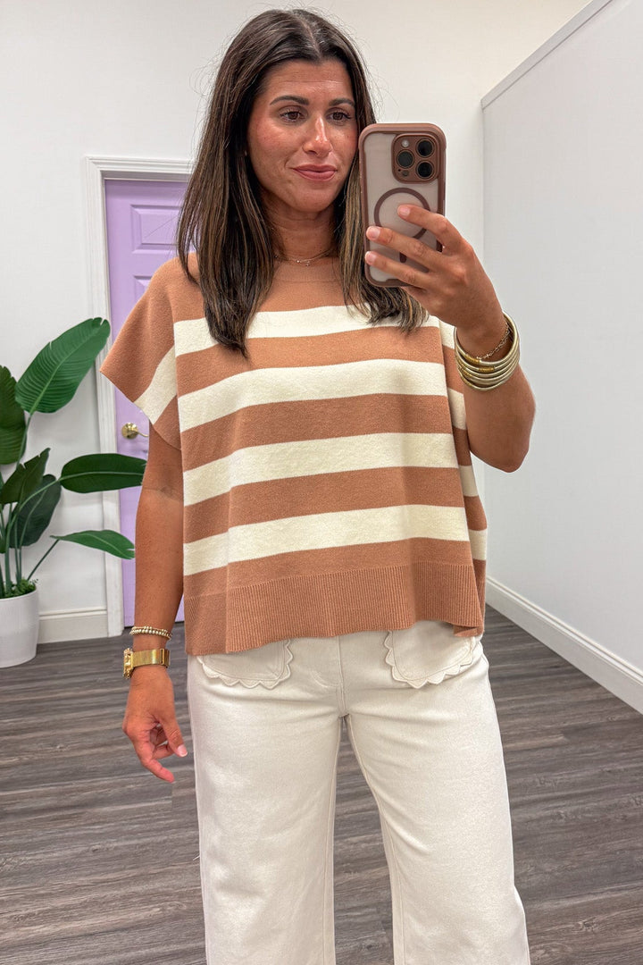 tan and cream striped short dolman sleeve crew neckline knit top