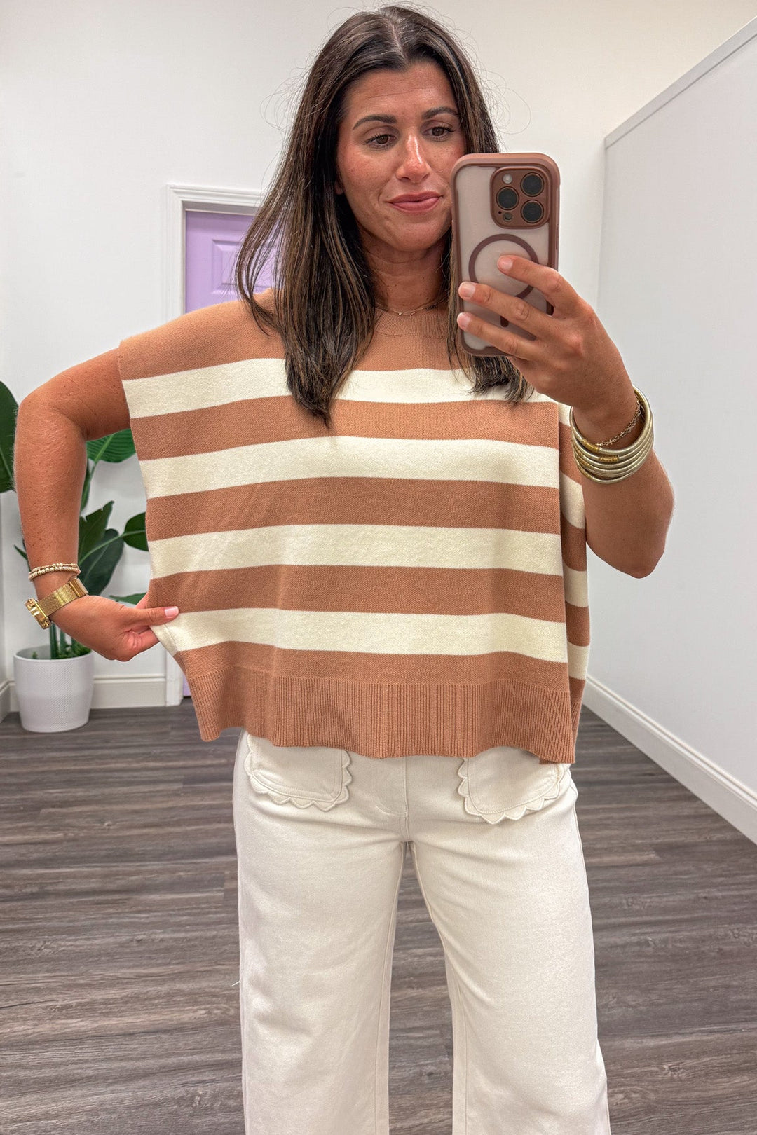 tan and cream striped short dolman sleeve crew neckline relaxed fit knit top