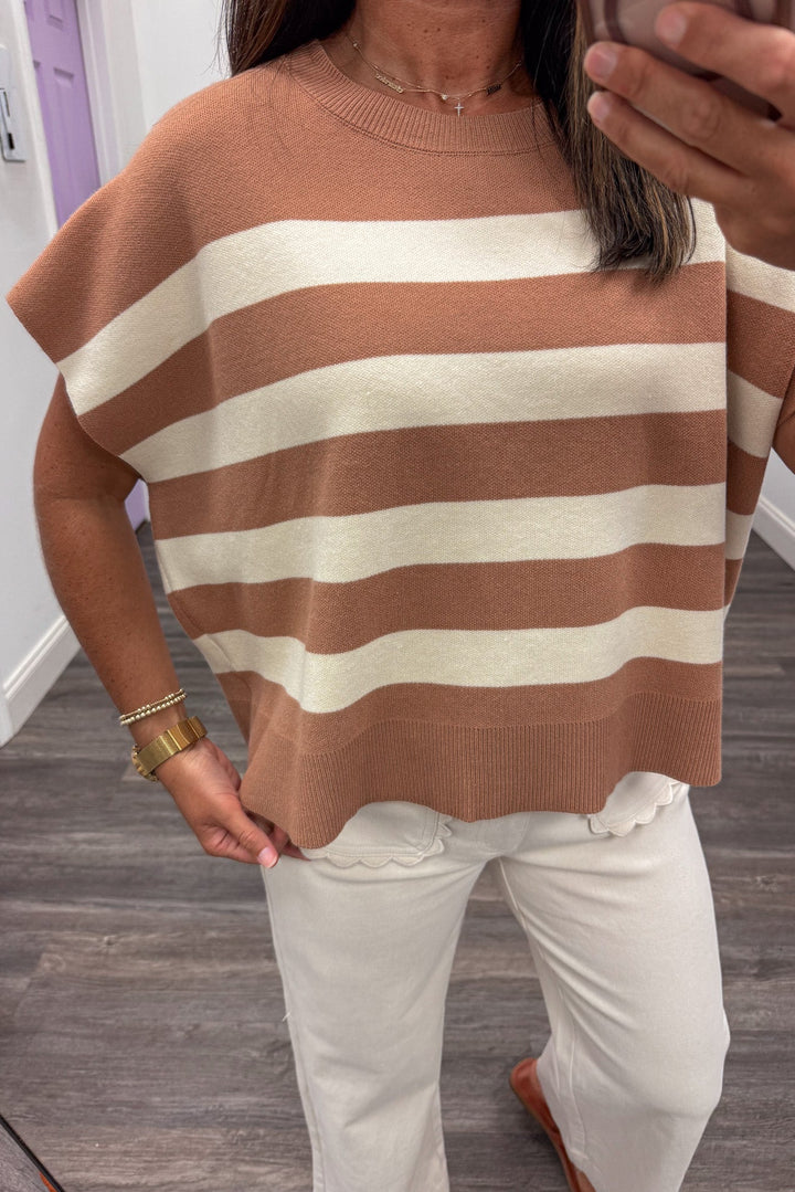 tan and cream striped short dolman sleeve crew neckline boxy silhouette knit top