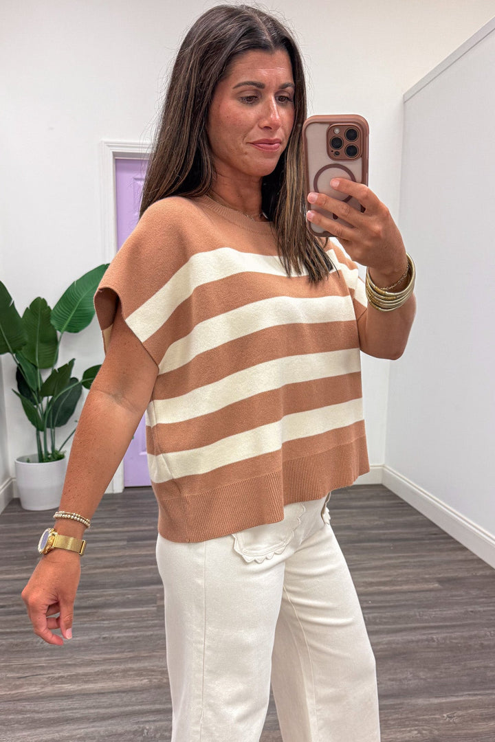 tan and cream striped short dolman sleeve ribbed crew neckline knit top