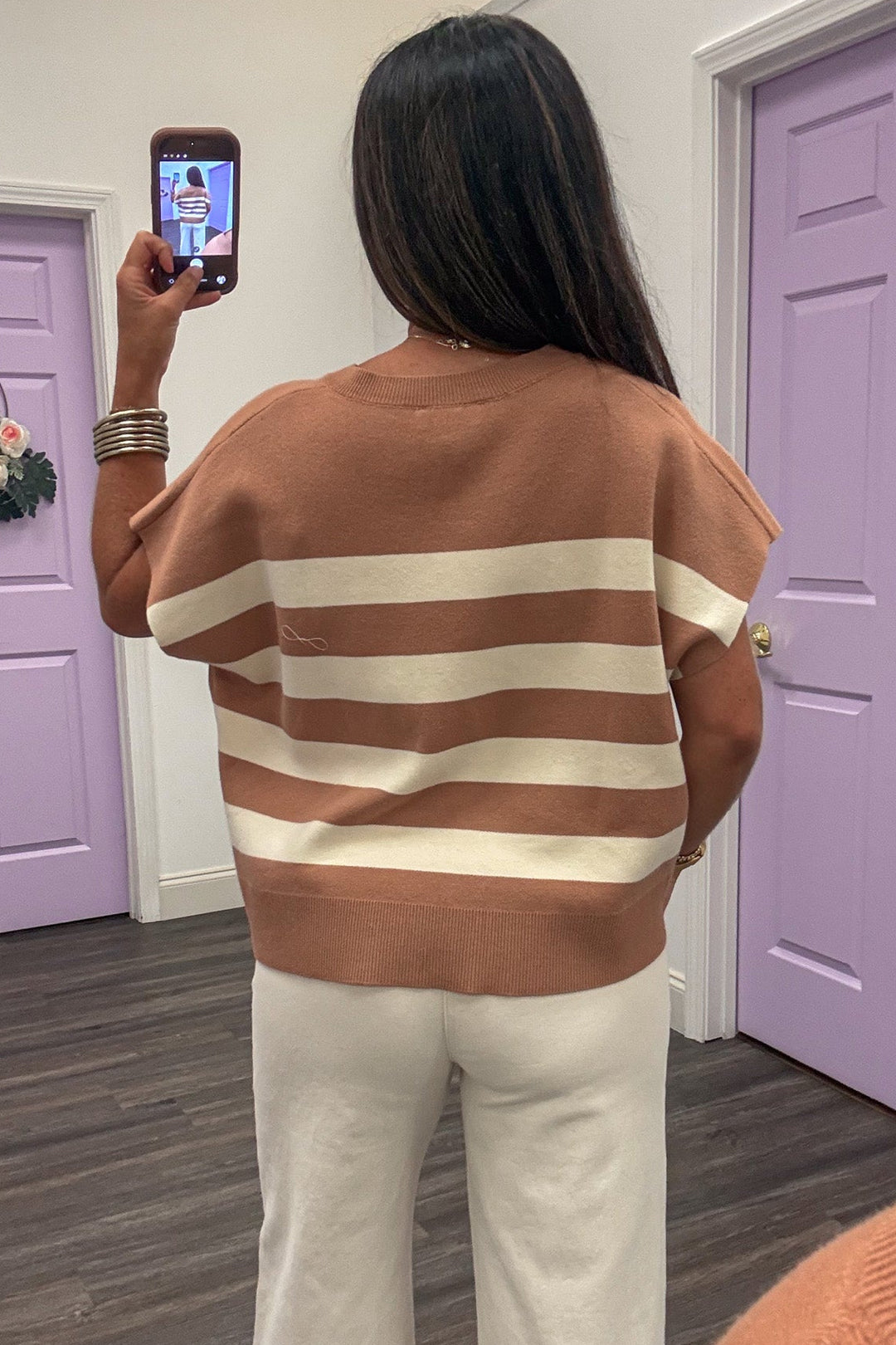 tan and cream striped short dolman sleeve crew neckline knit top with ribbed bottom hem