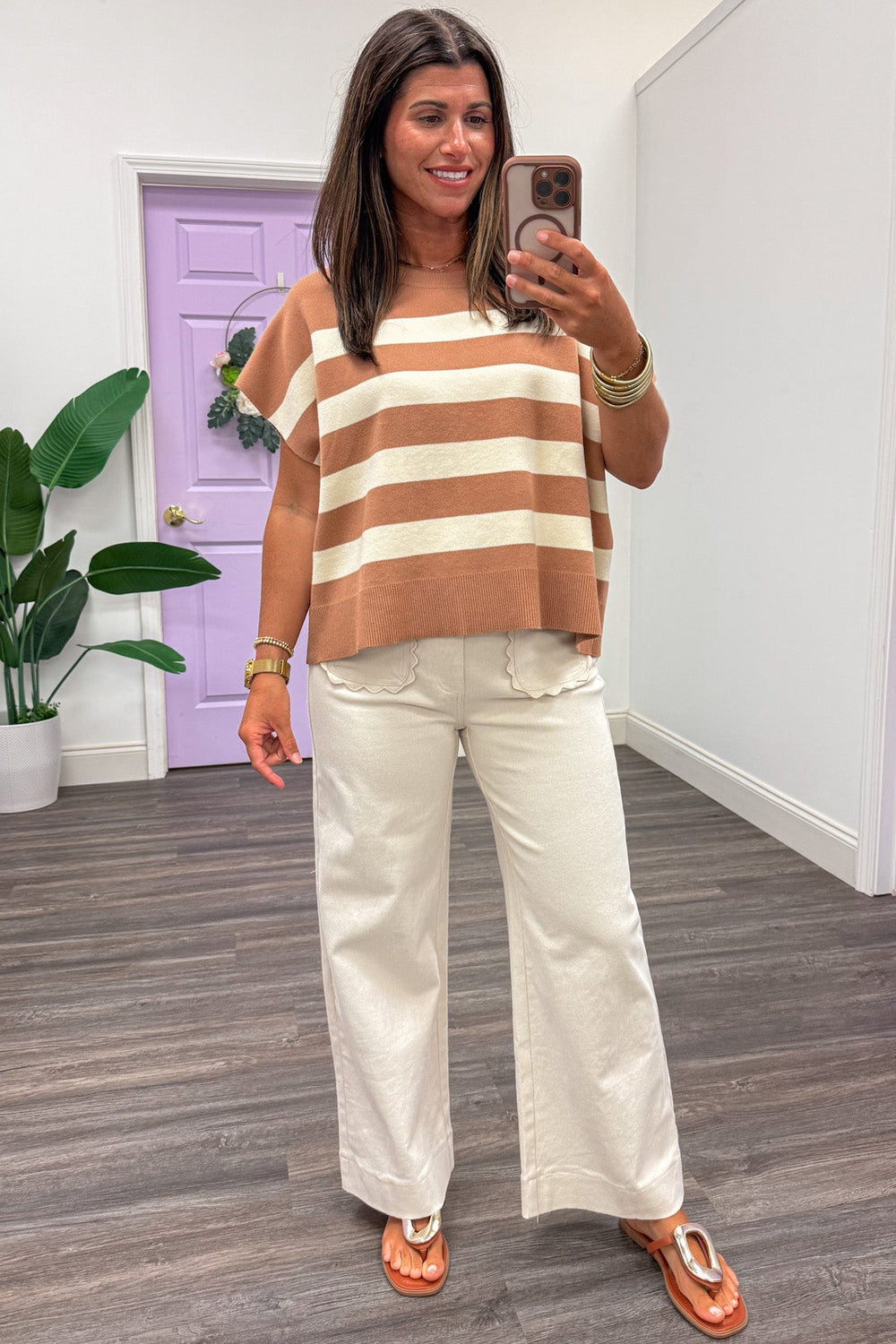tan and cream wide striped short dolman sleeve crew neckline knit top