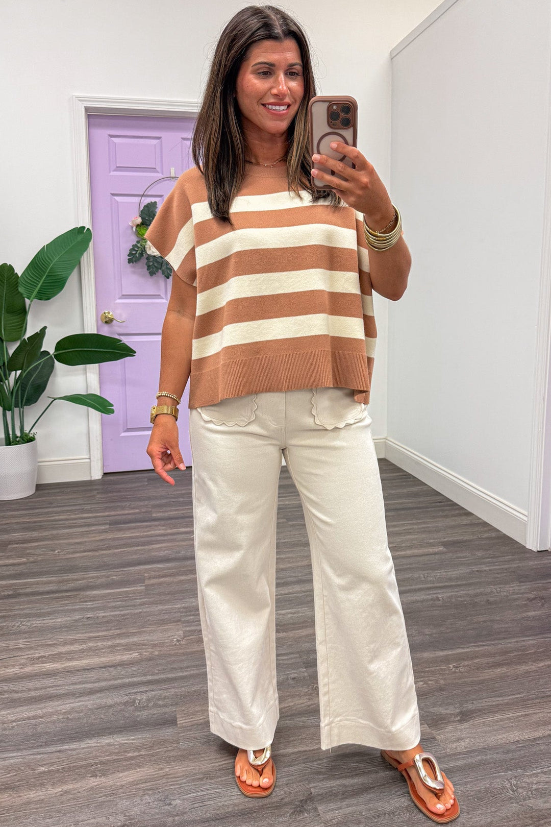 tan and cream wide striped short dolman sleeve crew neckline knit top