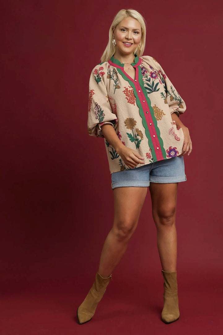 Women's Umgee tan textured floral print top with button details in plus showing full front view