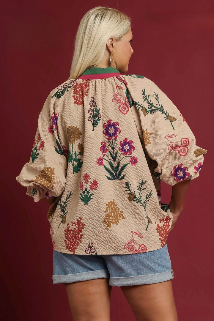 Women's Umgee tan textured floral print top with button details in plus showing back view