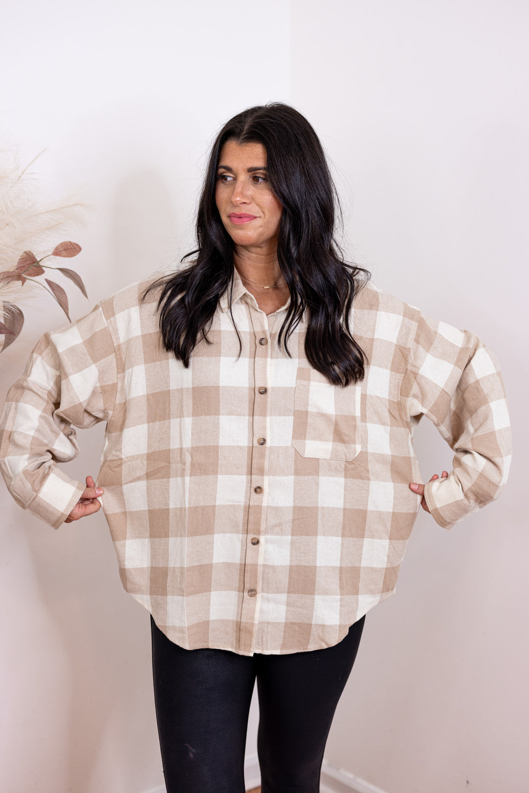 tan ivory plaid flannel top