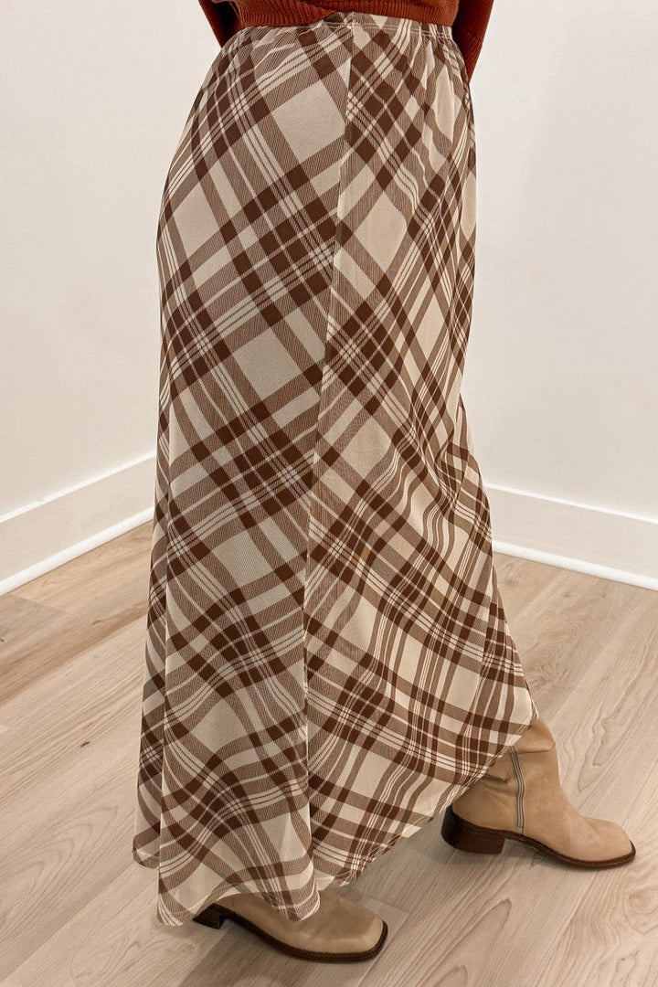 flattering taupe and brown vintage inspired plaid print lightweight fabric midi skirt