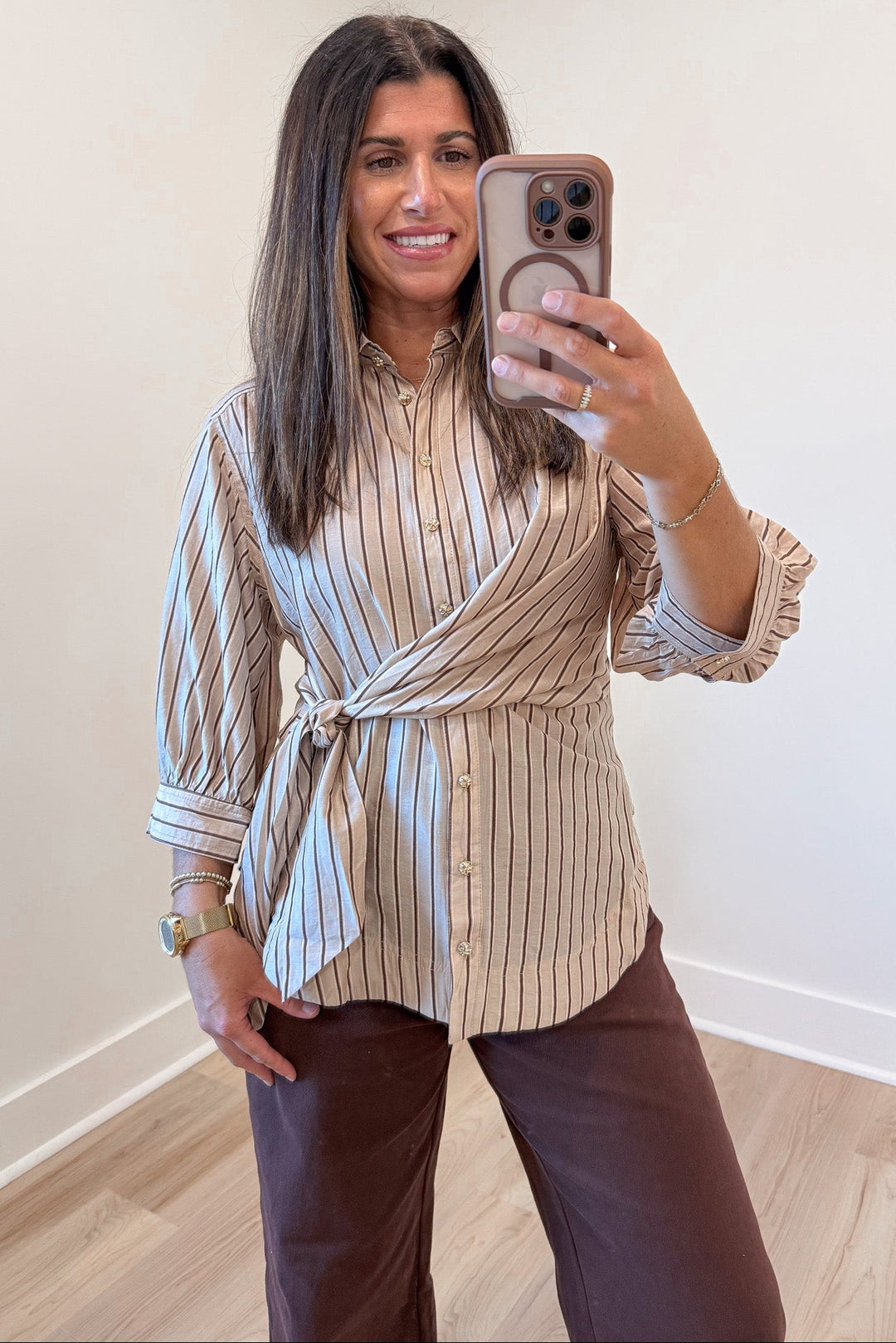 light taupe and brown striped button front tie cinch waist half balloon sleeve top