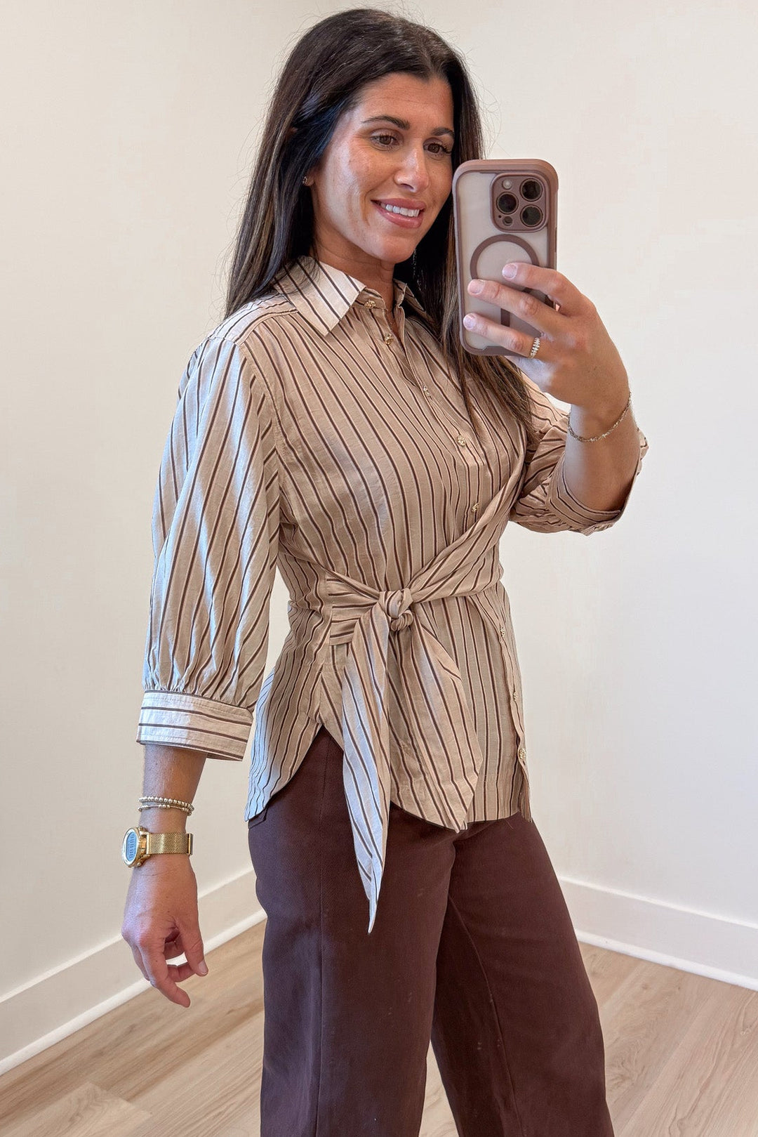 light taupe and brown striped button front tie cinch waist drop shoulder half balloon sleeve top