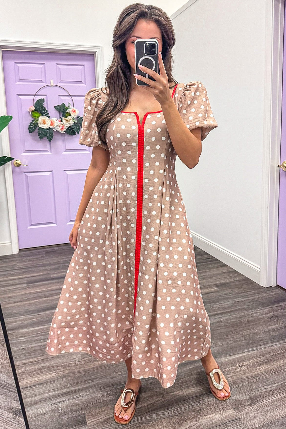 taupe and cream polka dot print square neckline with v notch midi dress