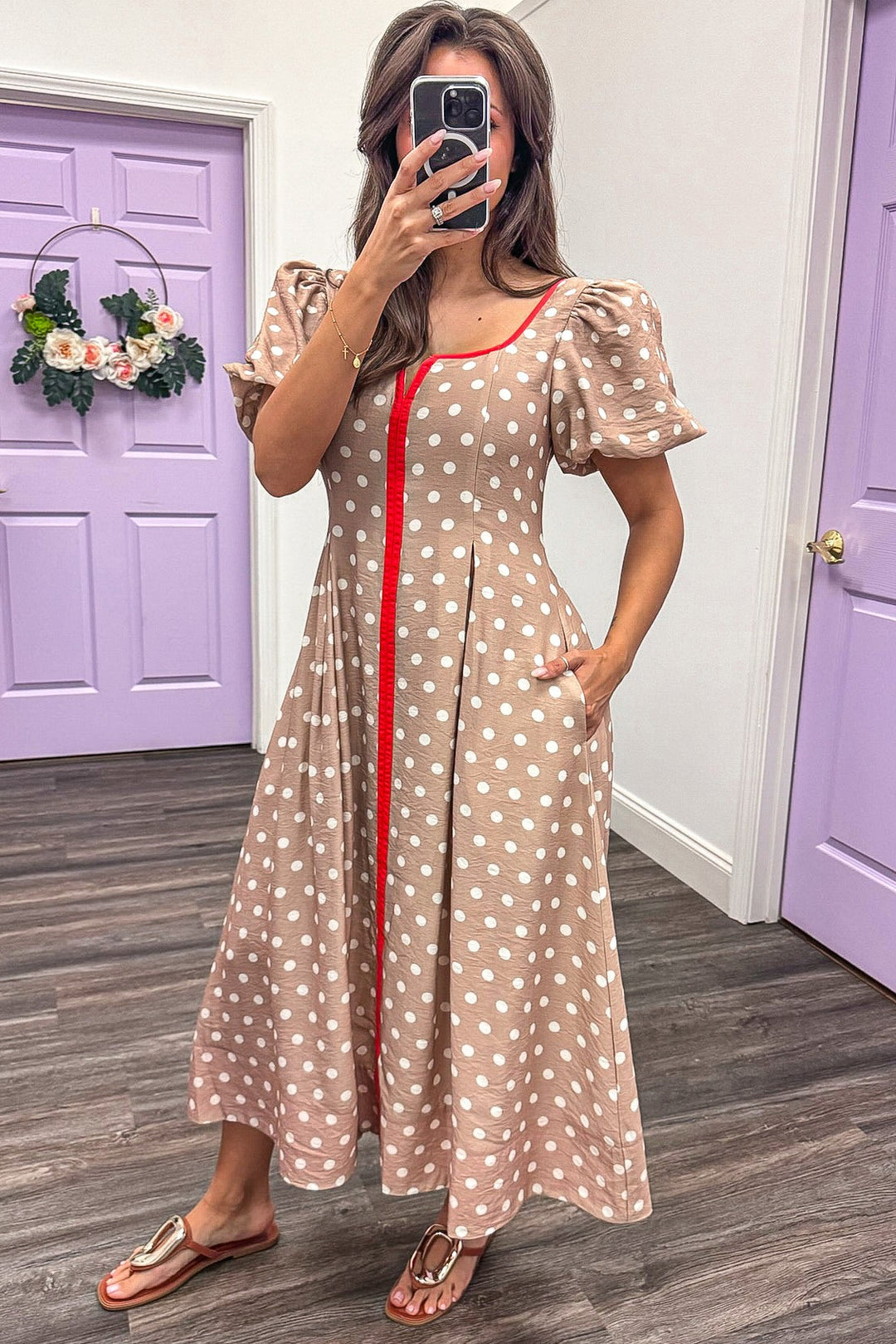 taupe and cream polka dot with orange trim midi dress with side pockets