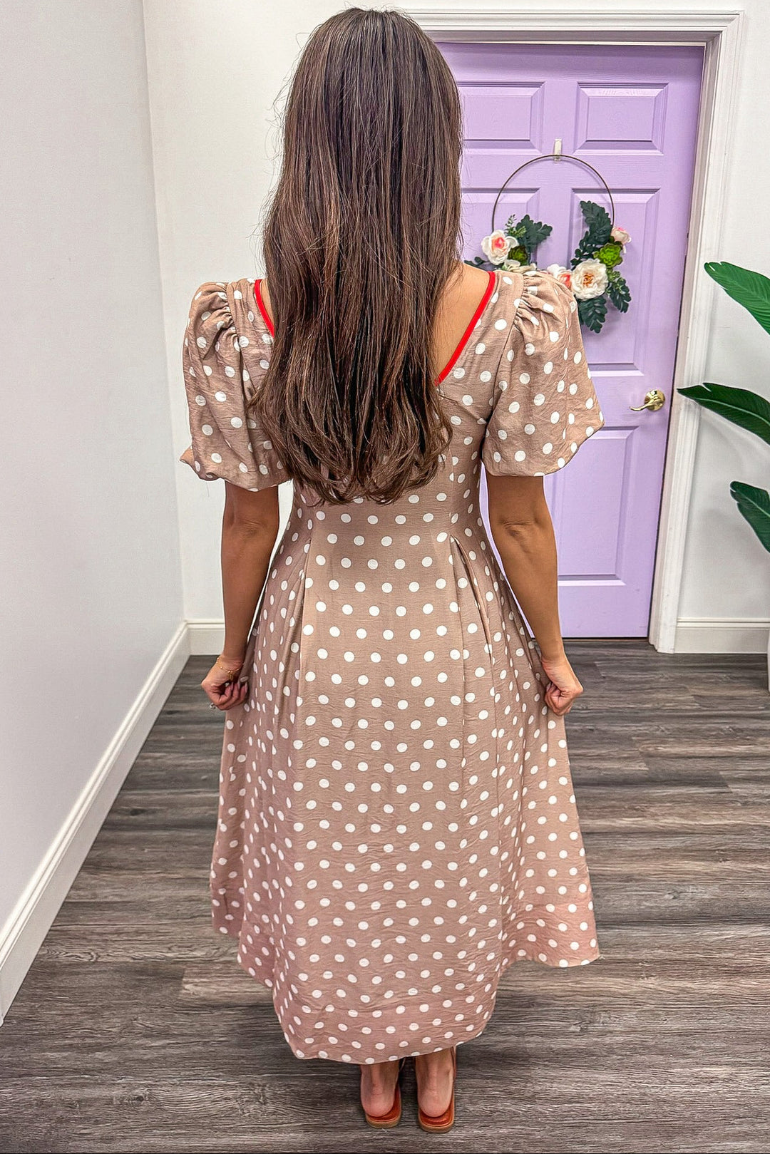 taupe and cream polka dot print with orange trim details midi dress gathered waist