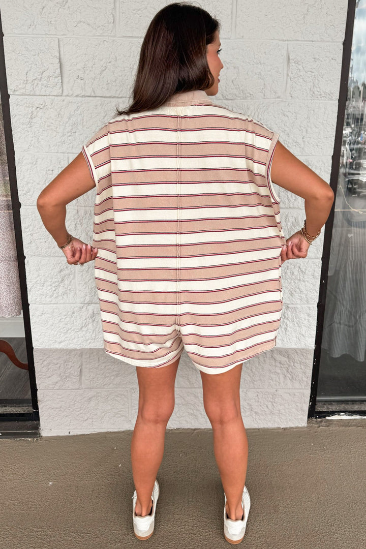 taupe and cream striped with red pinstripes polo style collared neckline knit romper