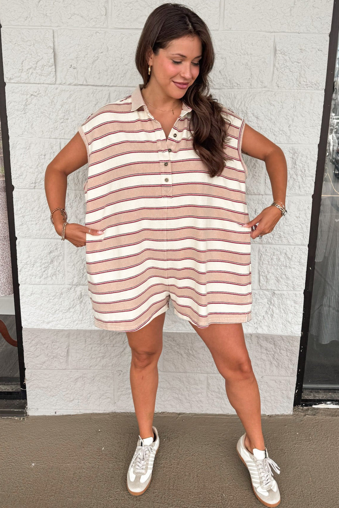taupe and cream striped with red pinstripes polo style relaxed silhouette knit romper