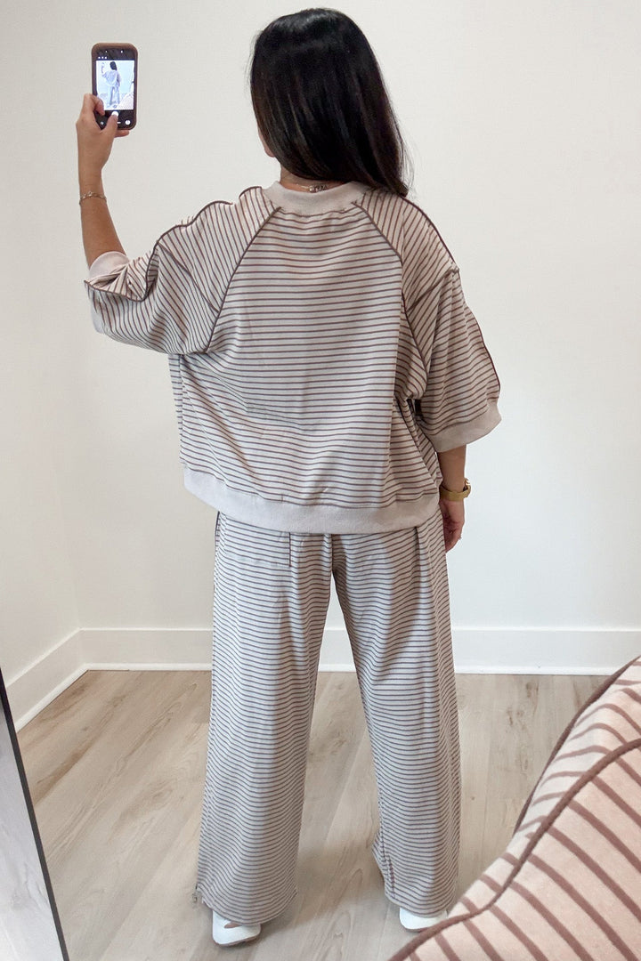taupe and mocha horizontal striped top and wide leg jogger pants matching knit set