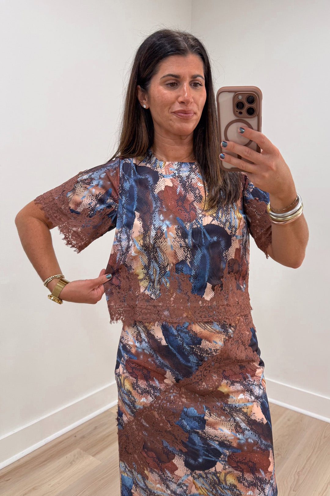 tcec snakeskin print satin top with lace width
