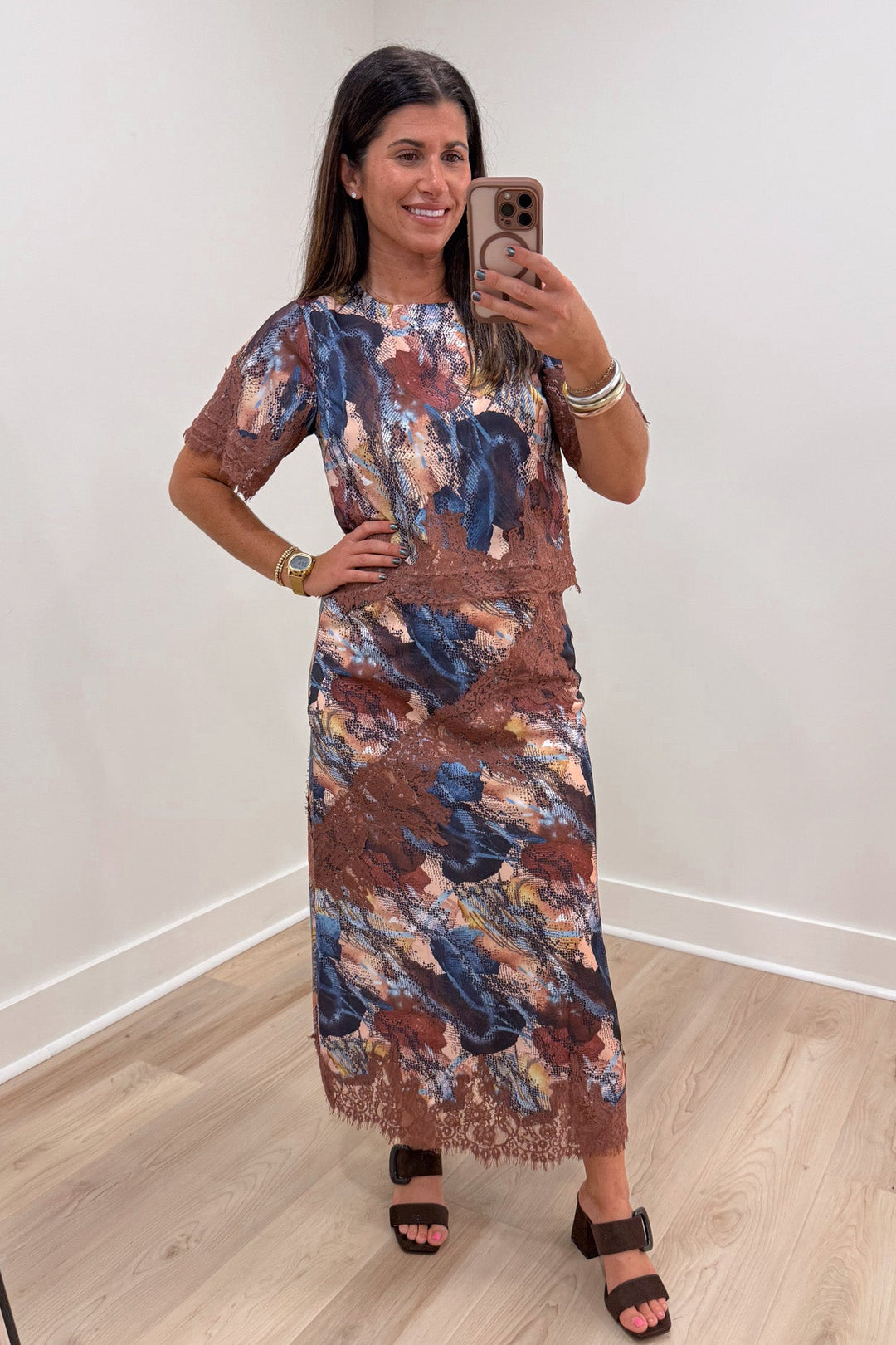 tcec snakeskin print satin skirt with lace