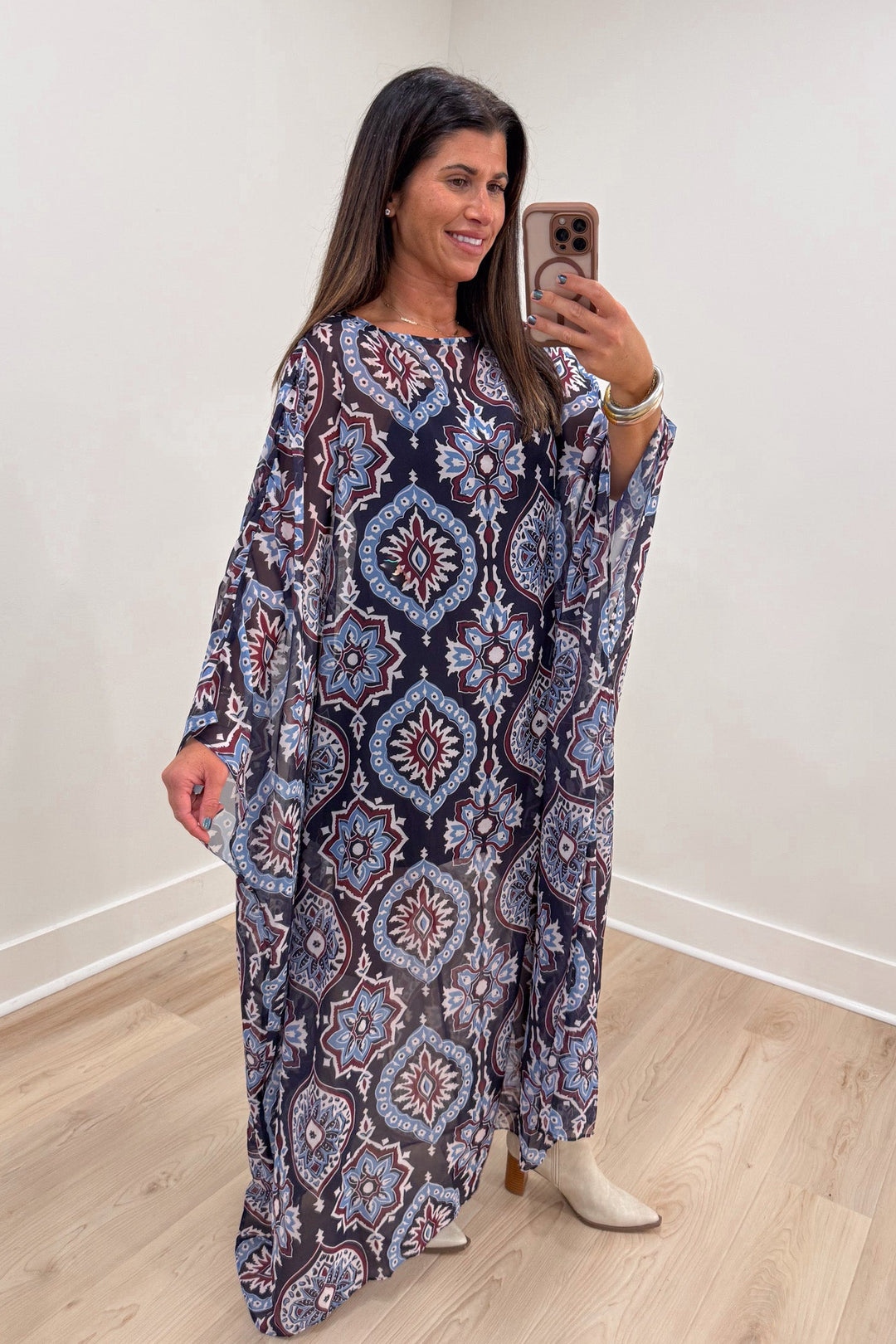 tcec navy medallion caftan maxi dress flowy