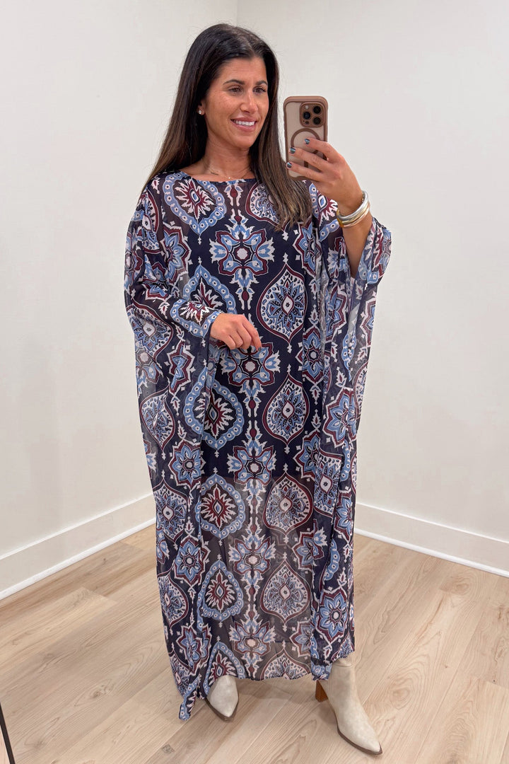tcec navy medallion caftan maxi long dress