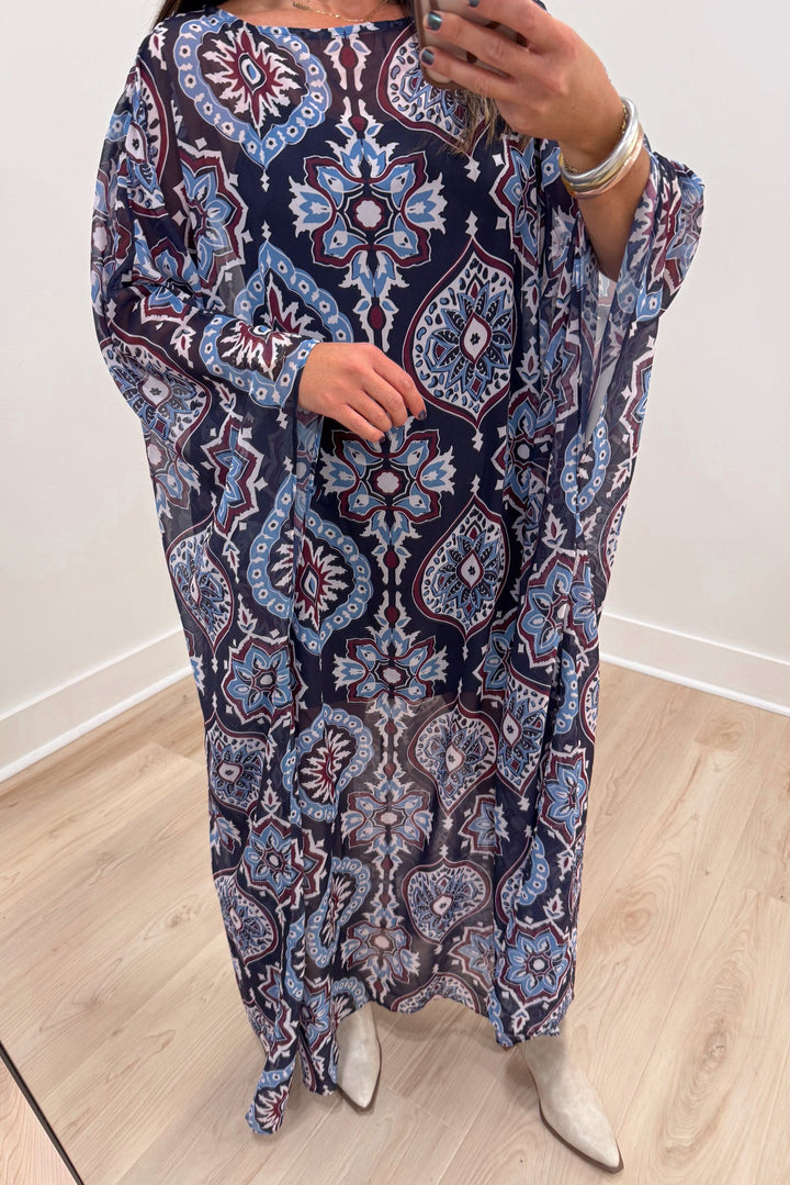 tcec navy medallion caftan maxi dress details