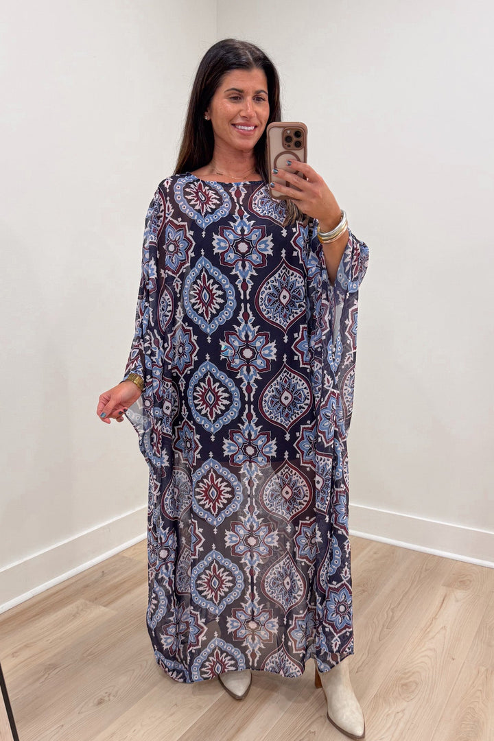 tcec navy medallion caftan maxi dress