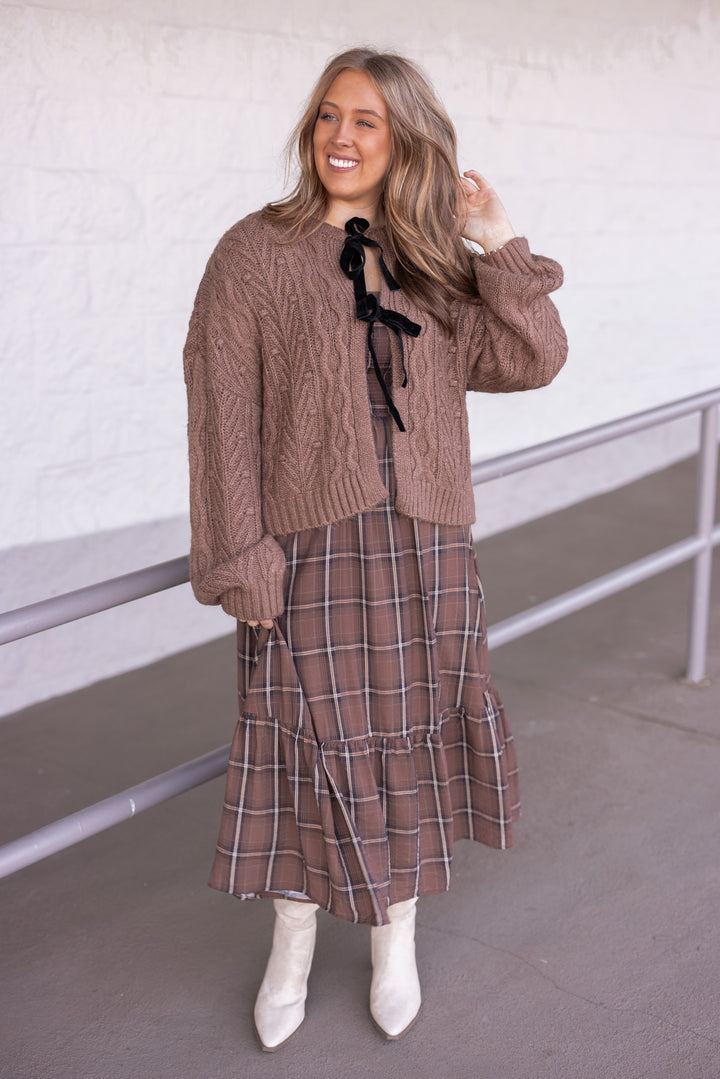 Women's trendy mocha brown cable knit sweater cardigan with black bow tie closure by Blu Pepper