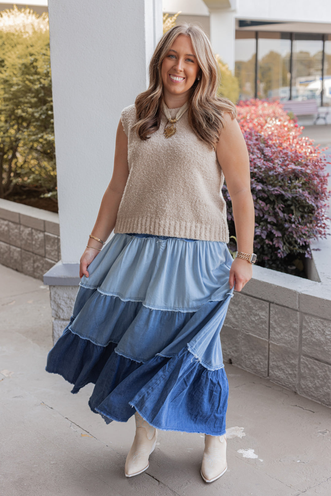 Women's boucle knit sleeveless sweater in natural by Wishlist showing full front view