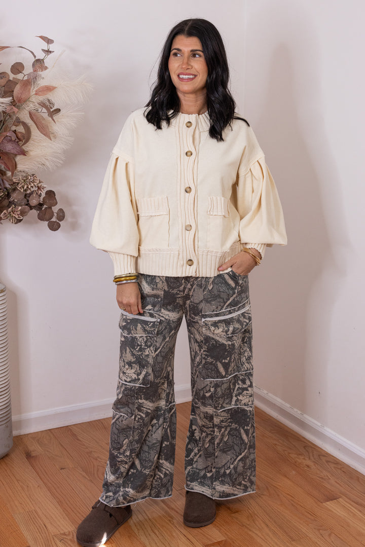 Women's washed hunter green terry knit wide leg cargo pants in tree camo print by J. Her