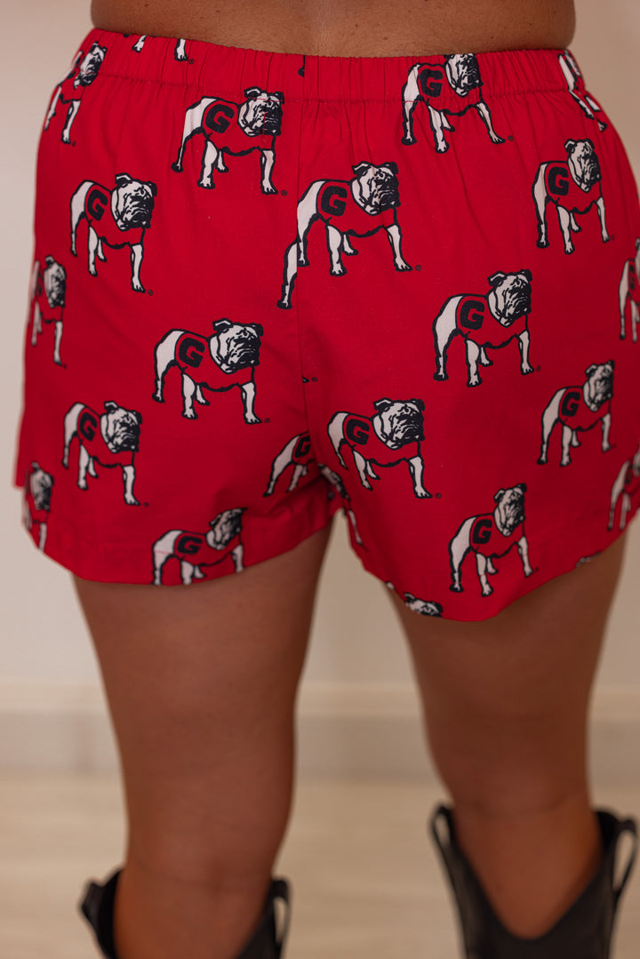 Womens red Bulldogs poplin skort by Stewart Simmons showing up close back view