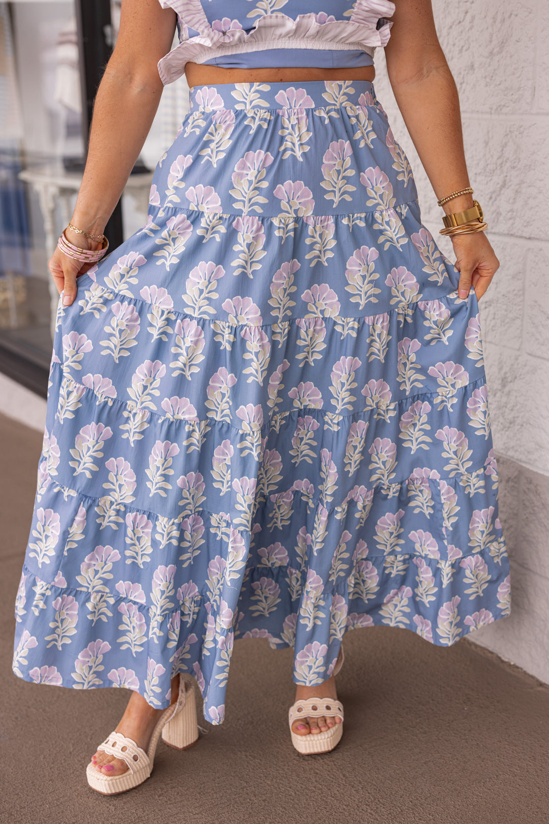 blue floral tiered maxi skirt 