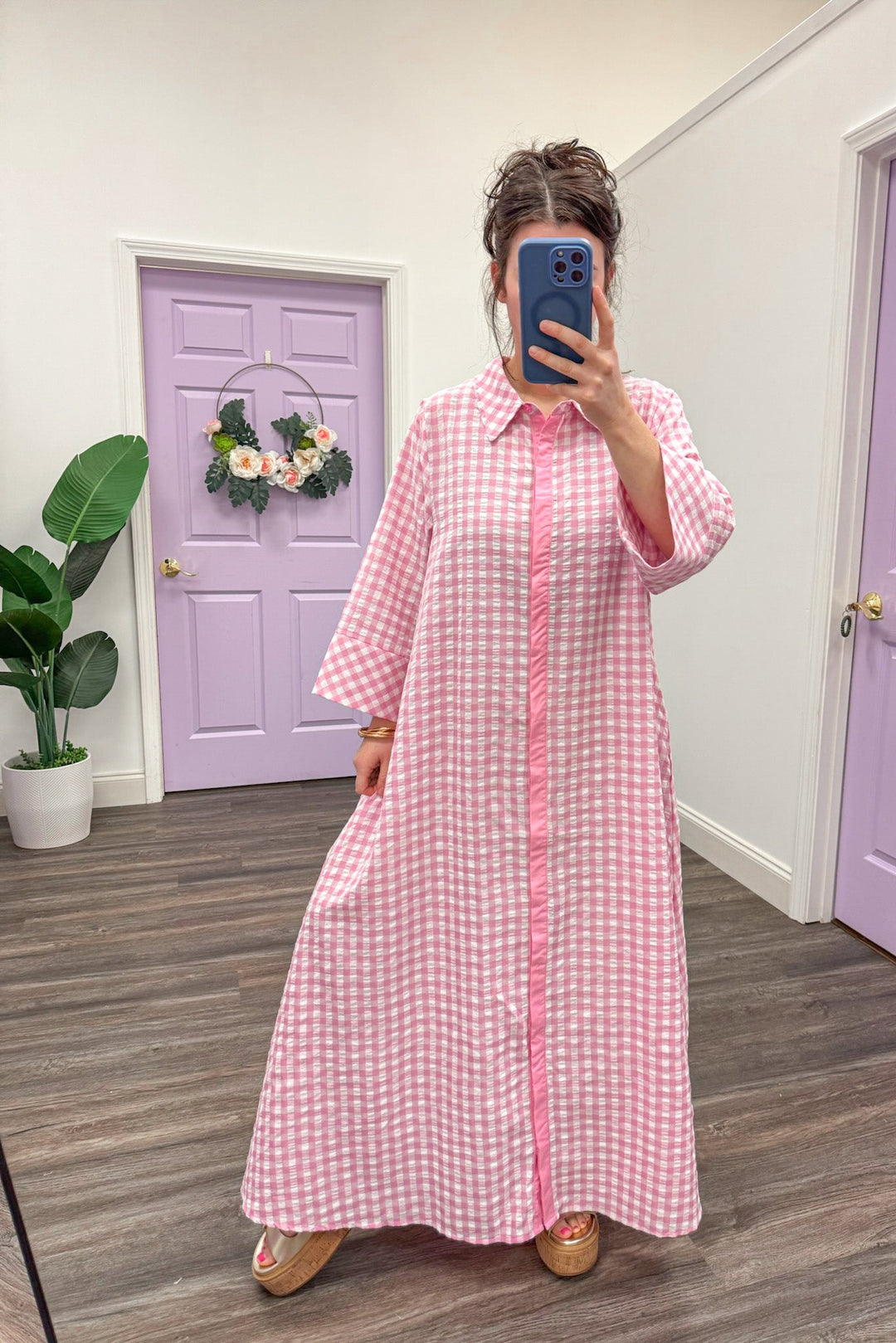 Women's pink and white gingham midi dress by Entro