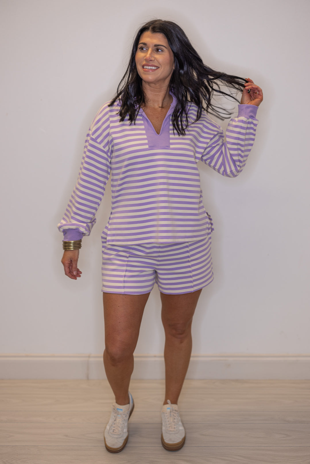 Women's ribbed knit shorts in lavender and cream stripes by Entro great for lounging