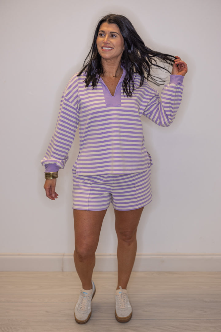 Women's ribbed knit shorts in lavender and cream stripes by Entro great for lounging