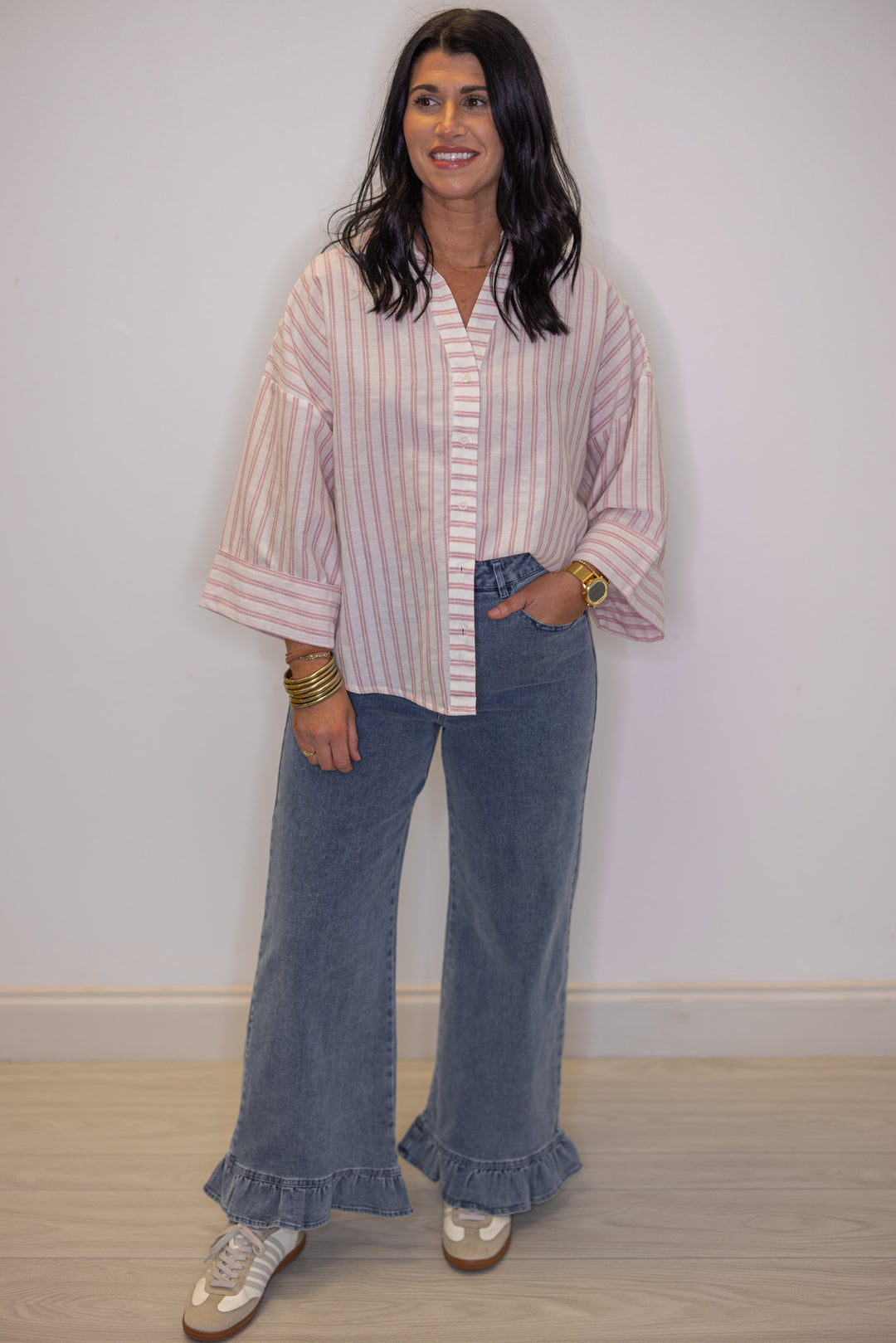 Women's lightweight pink and cream striped button down top