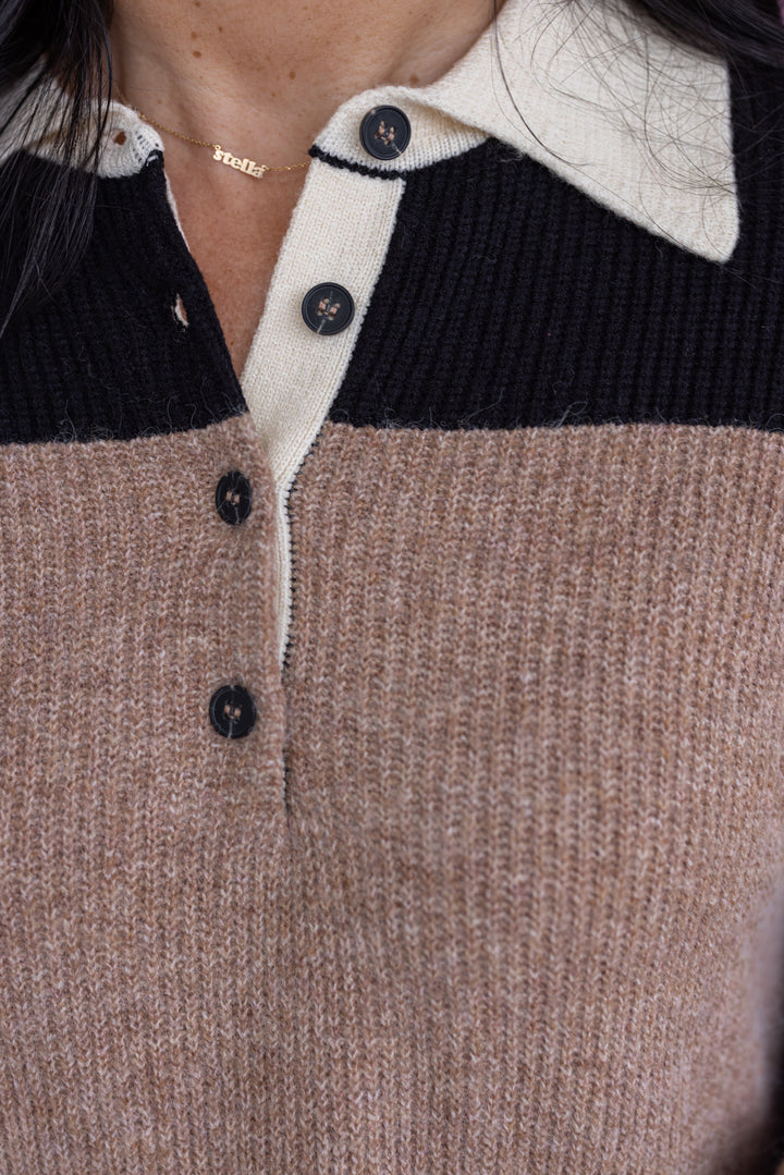 Women's khaki and black wide striped polo style sweater with cream collar by Blu Pepper showing button details