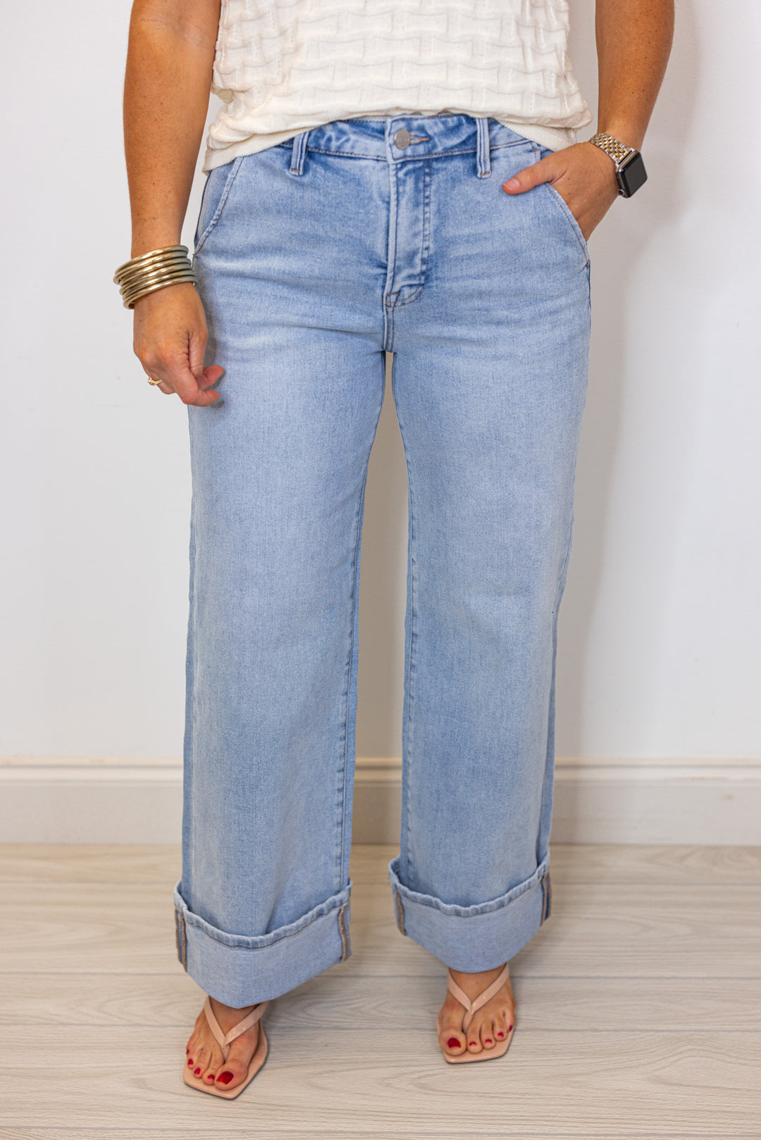 Risen denim tummy control cuffed jeans