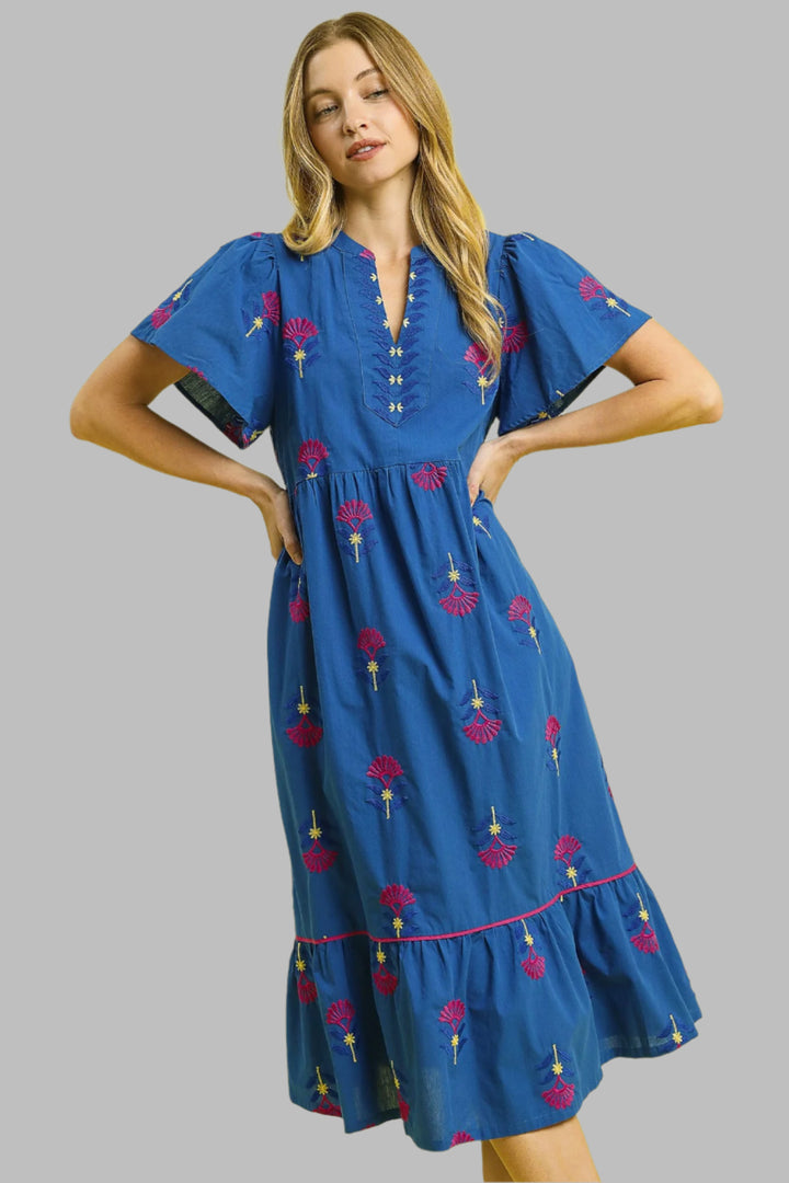 umgee embroidered blue midi dress up close
