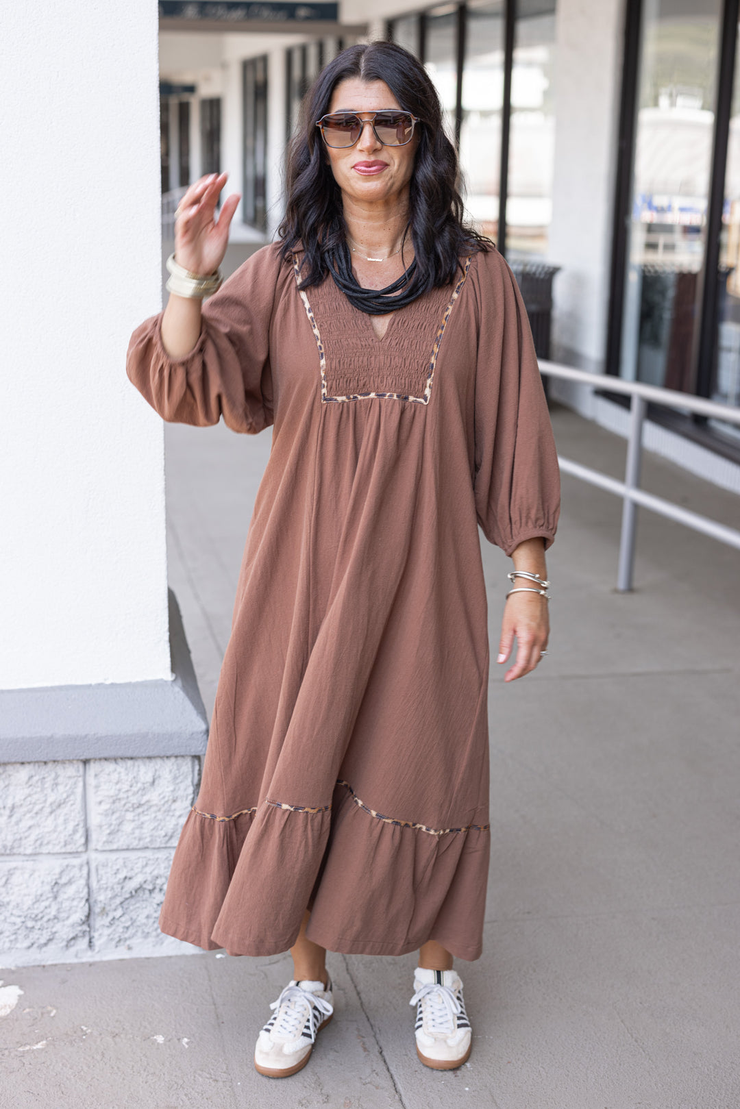 Women's brown midi dress with smocked bodice and leopard print trim by Umgee