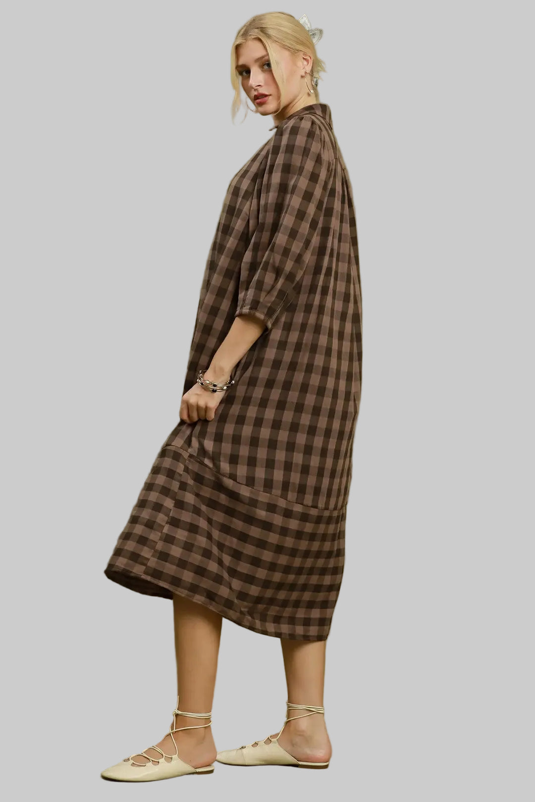 Umgee brown and black plaid midi dress with tiered hem